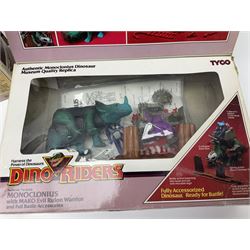 Three Tyco Dino-Riders by Action GT playsets - Pteranodon with Rasp Evil Rulon Warrior; Monoclonius with Mako Evil Rulon Warrior; and Placerias with Skate Evil Rulon Warrior; all boxed (3)