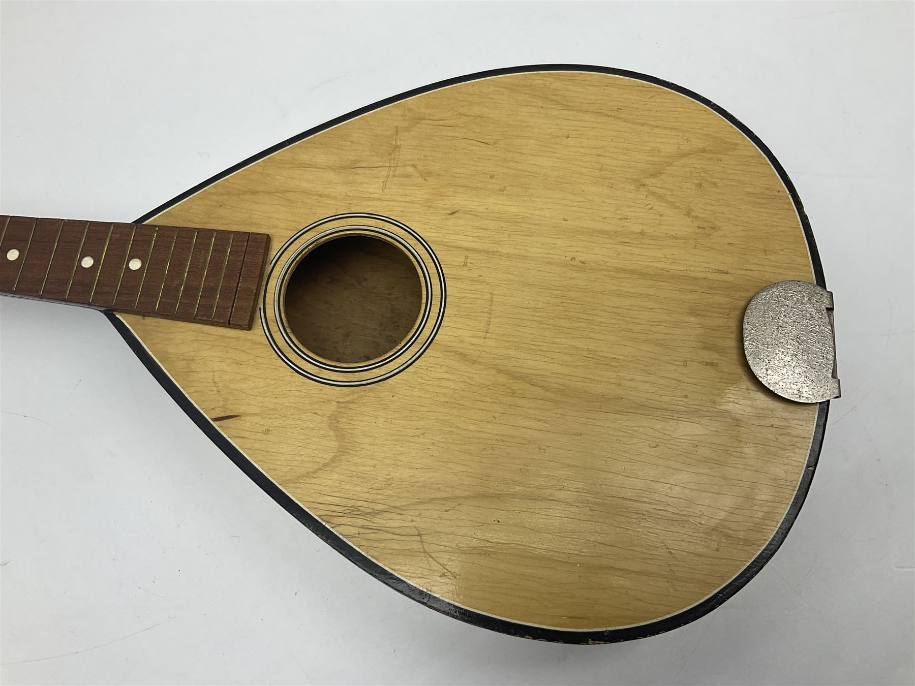 French mandolin with segmented lute back and mother-of-pearl inlaid spruce top; bears label for 'Jerome Thibouville-Lamy & Cie Paris L60cm; and another unmarked flat-back mandolin; both for completion (2)