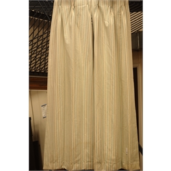  Pair pleated and thermal lined curtains in floral fabric (W185cm, fall - 210cm), and pair pleated and thermal lined curtains in textured blue and cream striped fabric, (W185c, fall - 214cm)  