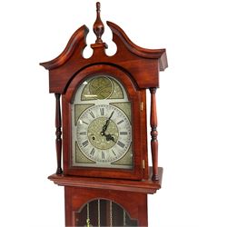 Late 20th century - Mahogany cased spring driven longcase clock, with an etched brass and silvered dial and pierced steel hands, fully glazed trunk door with visible pendulum and dummy weights, striking the hours and half hours on a gong.