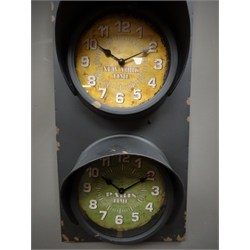  Metal traffic light wall clock, three Quartz clocks for London, New York and Paris, H83cm  