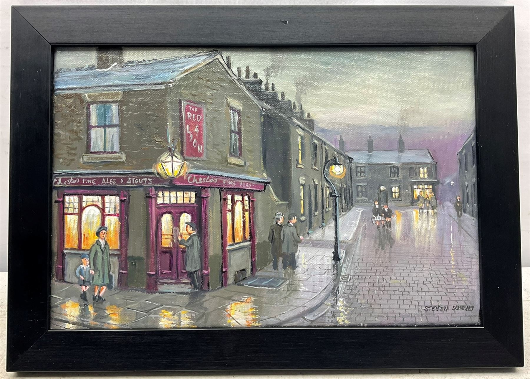 Steven Scholes (Northern British 1952-): 'The Red Lion Pub - North Manchester 1962', oil on canvas signed, titled verso 20cm x 30cm