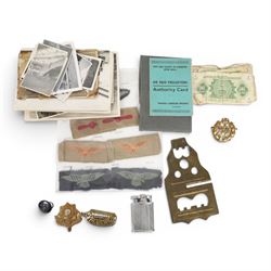 Collection of various military items, including RAF cloth badges including shoulder eagle ...
