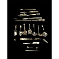 Group of silver and silver handled cutlery, including caddy spoons, thimble, propelling pencil, fruit knife, etc, all stamped or hallmarked