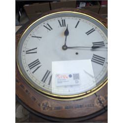 American-Victorian walnut drop dial wall clock with parquetry inlay, c1880, 8-day timepiece movement and a Kundo 1960’s torsion clock with a skeleton movement and four ball oscillating pendulum, with a glass dome. Torsion spring intact.
