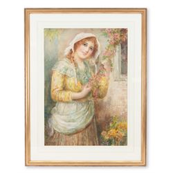 William Joseph Carroll (British 1842-1902): Country Girl Holding Blossom, watercolour signed 60cm x 43cm
