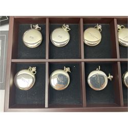 Twenty-three Glory of Steam Atlas Editions silver plated pocket watches, to include The Scottish Horse, Merchant Navy Class, etc, with wood display case, all boxed, twenty one with certificates