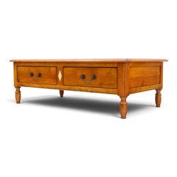 Wesley Barrell - French cherry wood coffee table, rectangular top inlaid with a geometric cross design, stone inlay with two frieze through drawers and metal drop handles, on short turned supports