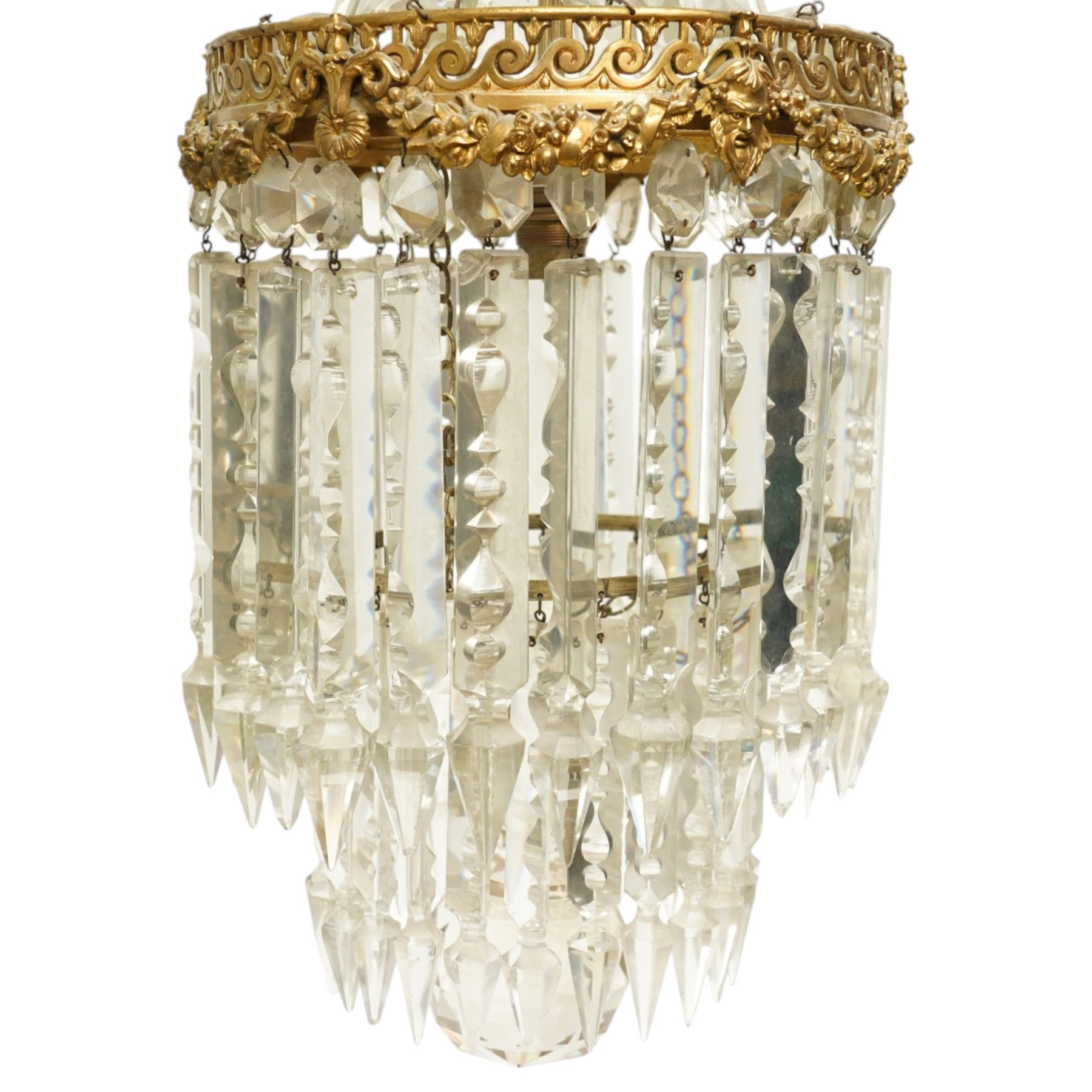 Brass and crystal ceiling light, drop 72cm, together with three small crystal oval wall lights, H28cm (4)