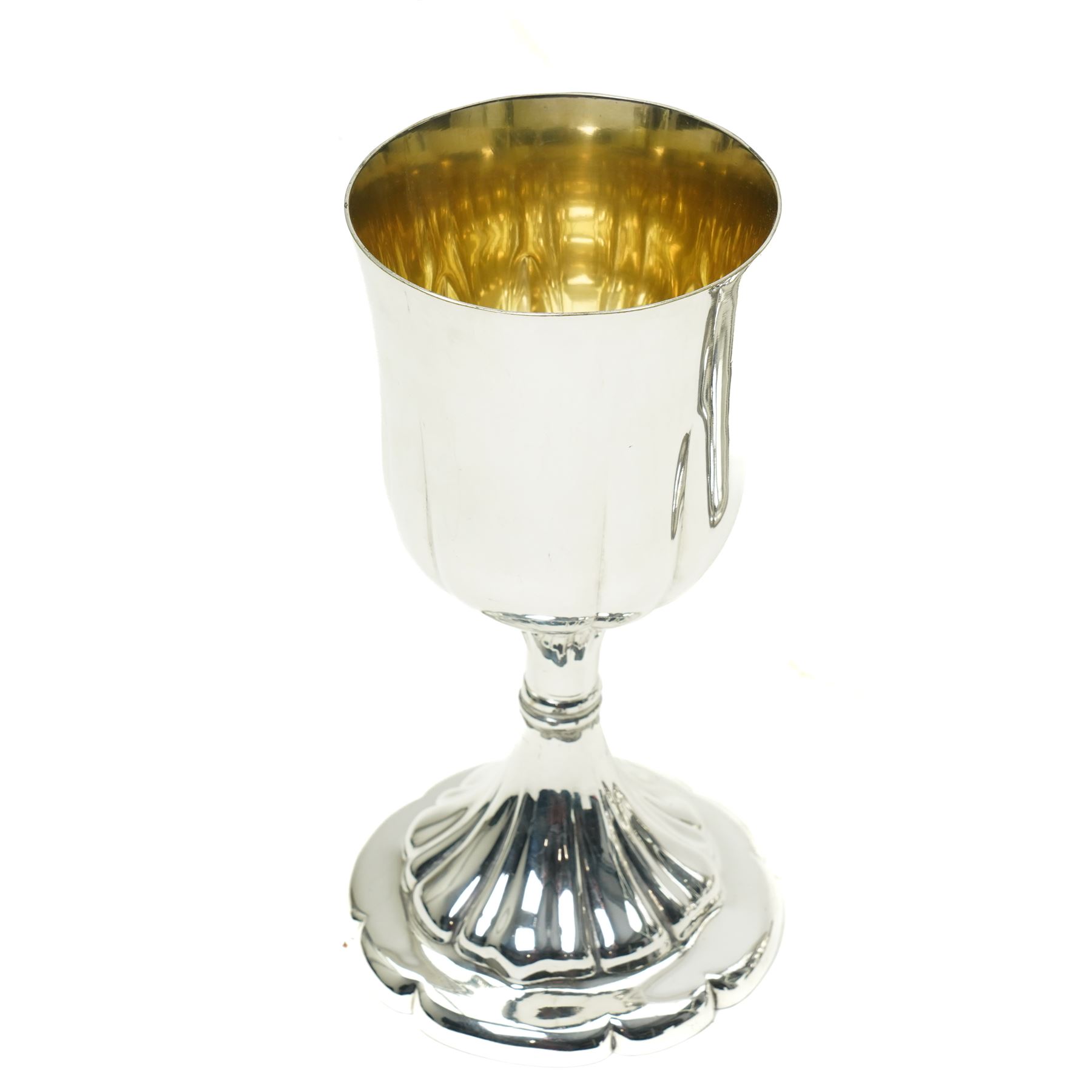 Large silver plated flagon probably by James Dixon with tapering lift, scroll handle and spreading lobed base H37cm, plated chalice with gilded interior by the same maker H21cm, plate chest with baize lined interior and countersunk handles W52cm and a pine stationery box