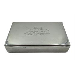 Victorian silver cigarette box, of rectangular form with engraved personal inscription to the hinged cover, hallmarked Birmingham, probably 1894, maker's mark worn and indistinct, L13.5cm, approximate weight 8.26 ozt (257 grams)