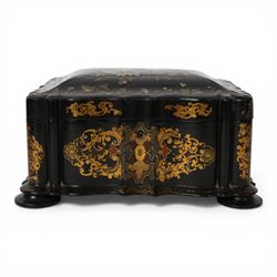 Victorian black lacquered papier-mâché sewing box, of rectangular form with shaped sides, ...