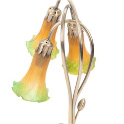 Art Nouveau Tiffany style table lamp, the bronzed base modelled as lily pads leading to tendrils and three branches supporting green and yellow glass lily flower shades, H42cm