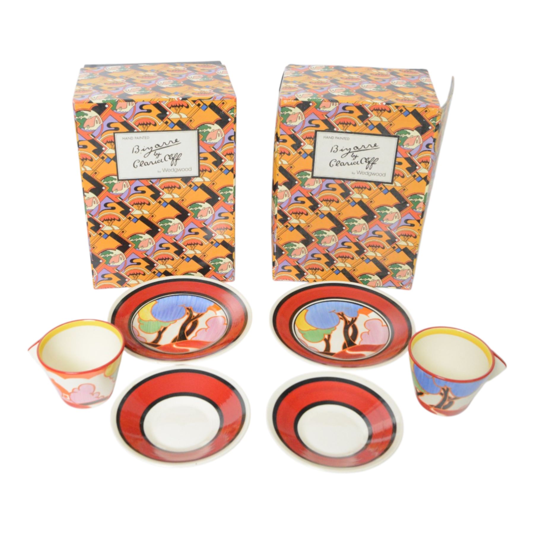Wedgwood Bizarre by Clarice Cliff, Two sets of May Avenue, Colonial Teacup, saucer and side plate, limited edition 327 and 287 of 500, both with certificate and box