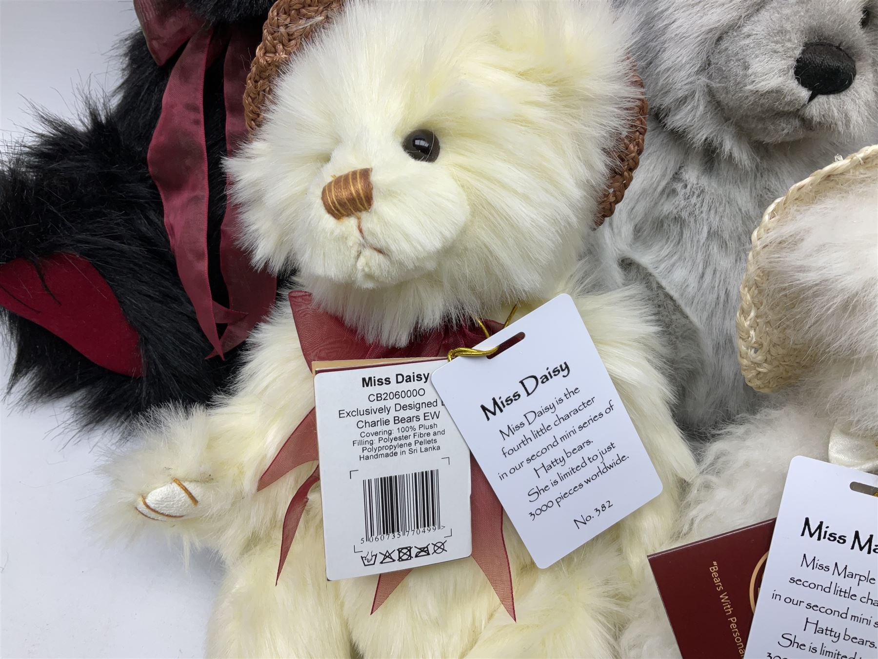Six Charlie Bears, comprising three limited edition examples from the Hatty bears series,  Miss Daisy CB206000O, 382/3000, Miss Marble CB205242O, 385/3000, and TC CB185165, 22/3000, plus Red Liquorice CB150011O, designed by Heather Lyell, and Leonie CB124915, and Kiki CB124961, both designed by Isabelle Lee, all with tags 