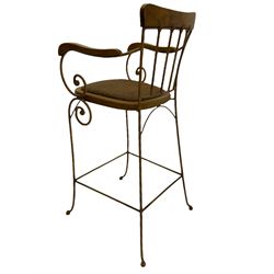 Set three high-back bar stools, wrought metal and hardwood with rattan seats, scrolled metal work decorated
