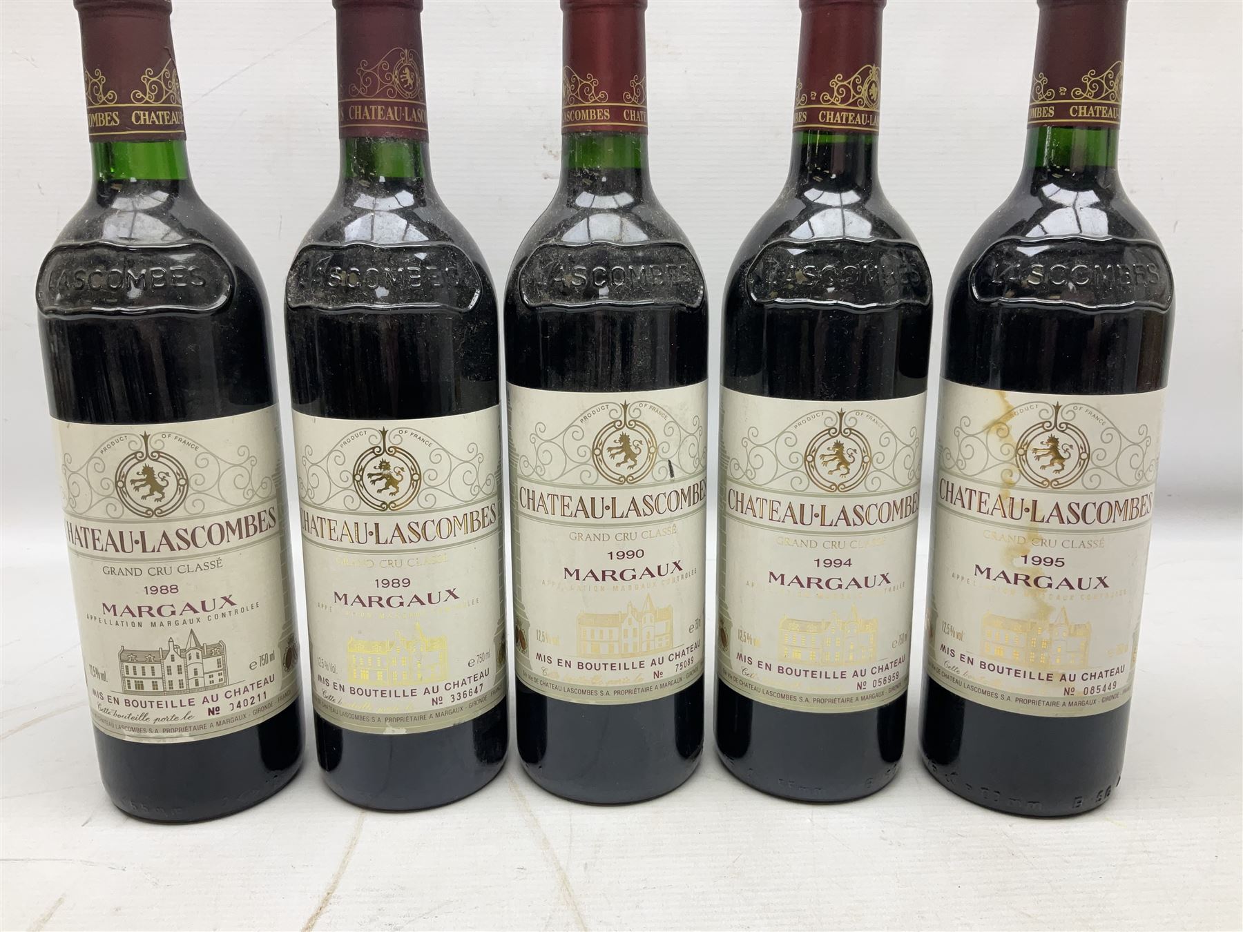 Chateau Lascombes, Margaux, comprising the years 1988, 1989, 1990, 1994 and 1995, 750ml 12.5% vol, together with Chateau Segonnes, 1993 Margaux, 750ml 12.5% vol (6)