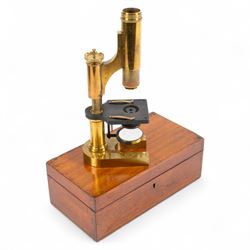 Late 19th century brass microscope by R.J Beck London, serial no. 14496, with four spare lenses in wooden case, 

By vendor repute: Microscope is believed to have belonged to Charles Darwin's youngest son Horace. It was presented to Mount House School Tavistock in 1988 by G.J Willoughby Cashell. It was given to Mr Cashell's maternal great grand father Dr Thomas Lyle whose son Mr Thomas Lyle bequeathed it to his grandson, Mr Cashell. 