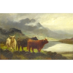  H R Hall (British 1866-1902): Highland Cattle, oil on canvas signed and dated '90, 38cm x 60cm  