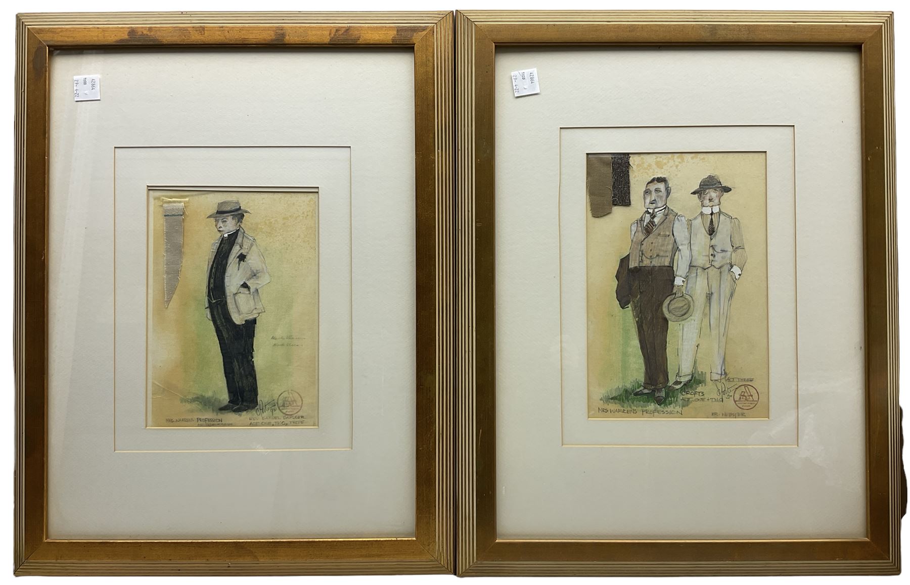 John Cameron Porteous (Canadian 1937-): 'Mrs Warren' 'Vivien' 'Crofts' and 'Rev Samuel Gardner', set four Play Wright pictures from 'Mrs Warren's Profession' signed titled and dated '90, 29cm x 20cm (4)