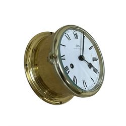 Schatz- 20th century Royal Mariner brass cased bulkhead mounted ships clock, twin train spring driven 8-day movement sounding the nautical watches on a bell, with a 5” dial, Roman numerals and spade hands. With key.  