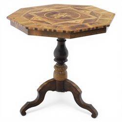 Mid-20th century Italian marquetry inlaid walnut centre table, octagonal top decorated wit...