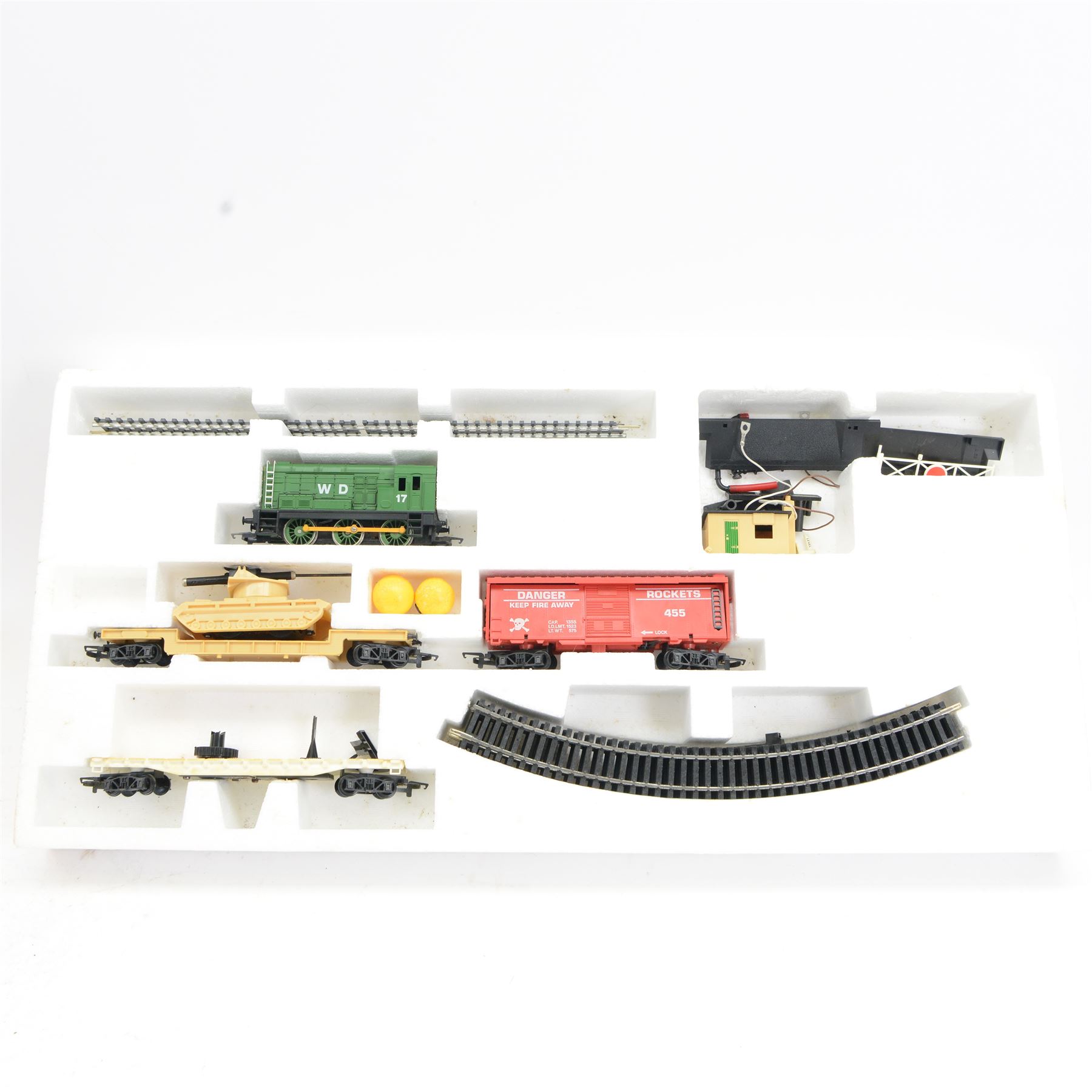 Hornby '00' gauge R580 'Task Force Action Set', including 0-6-0 diesel WD locomotive no. 17 in green livery, tank, rockets wagon and track, together with Hornby '00' gauge R548 'Flying Scotsman' Train Set, both boxed