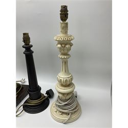 19th century oak barley twist table lamp, together with three other table lamps, including off white painted foliate example, tallest H86cm