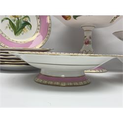 Victorian Copeland, Botanical dessert service, decorated with floral sprigs to the centre with a pink and gilt border, comprising five comports and seven plates, largest comport H20cm, plate D22cm