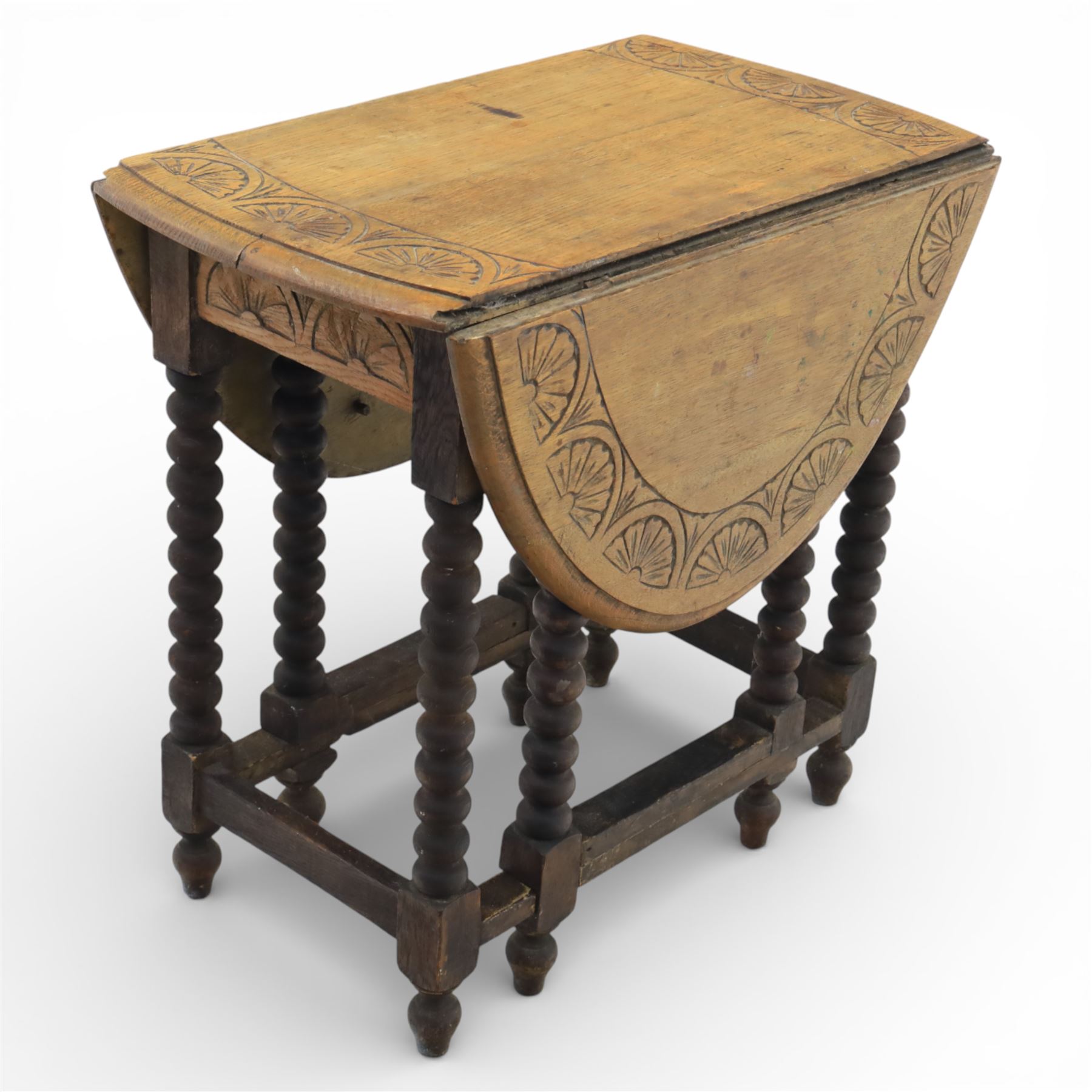 19th century oak country tables, comprising a oak country tripod table, circular top on a turned baluster stem issuing three cabriole supports with pad feet (H 71cm, Dia 80cm) carved oak gate leg table, the rectangular drop-leaf top decorated with foliate carving, raised on turned legs united by stretchers, with gate leg action (H 71cm, W 73cm, D 44cm)