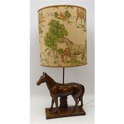  1960s bronzed Horse table lamp, rectangular base, with painted finish and matching Horse printed shade, H48cm (excluding shade)  