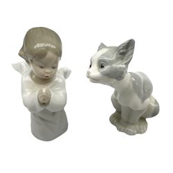 Lladro cat, modelled in a seated position, together with Lladro praying angel figure no. 4538