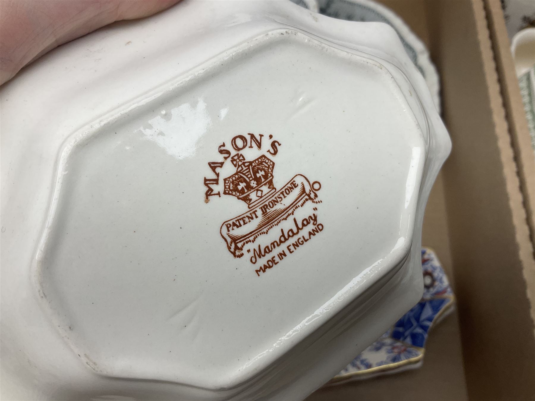 Masons Ironstone ceramics, including Ascot pattern jug, charger and oval plates, two tea jars, Manchu pattern fruit bowl, Fruit Basket pattern fruit bowl, etc, in three boxes