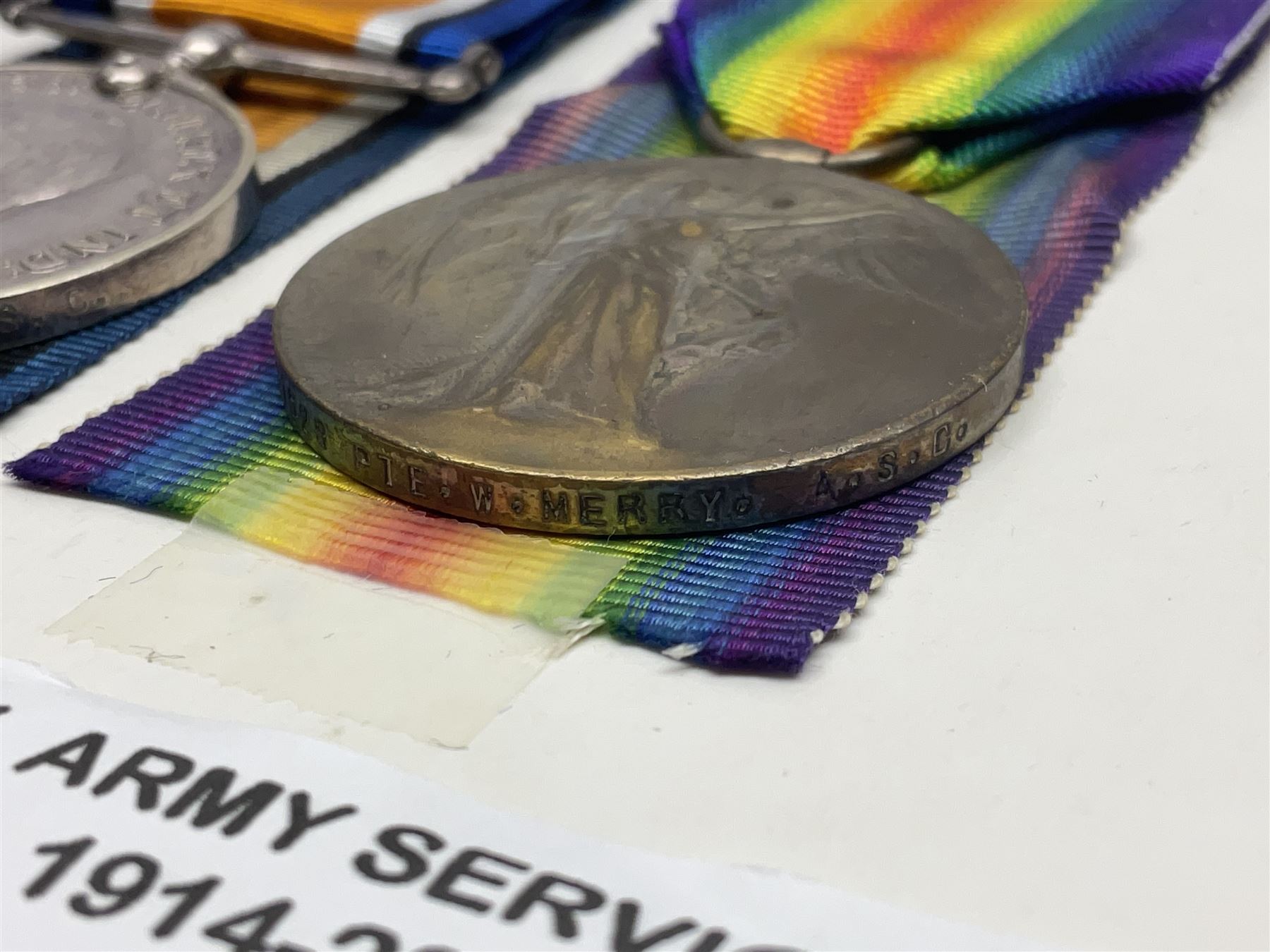 WWI trio of medals comprising British War Medal, Victory Medal and 1914-15 Star awarded to S2SR-01529 Pte. W. Merry A.S.C.; all with ribbons