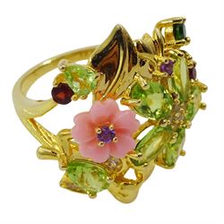 Silver-gilt gemstone set flower cluster ring including coral, garnet, peridot and amethyst, stamped 925