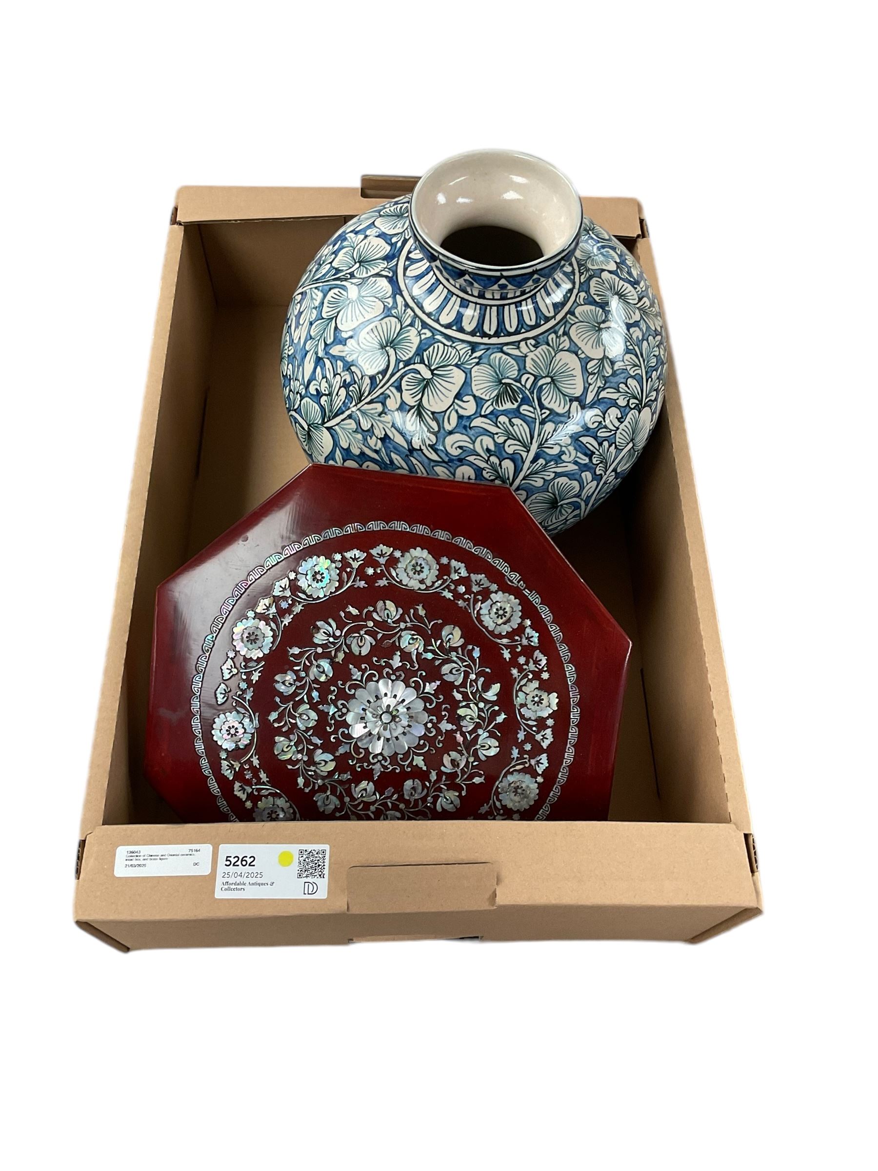 Collection of Chinese and Oriental ceramics together with mother of pearl inlaid box, and brass figure etc in two boxes 