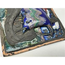 Henry George Murphy (1884-1939), large Arts & Crafts enamel panel, of square form decorated with a stylised ship, upon a green and blue ground, H7cm W7cm  