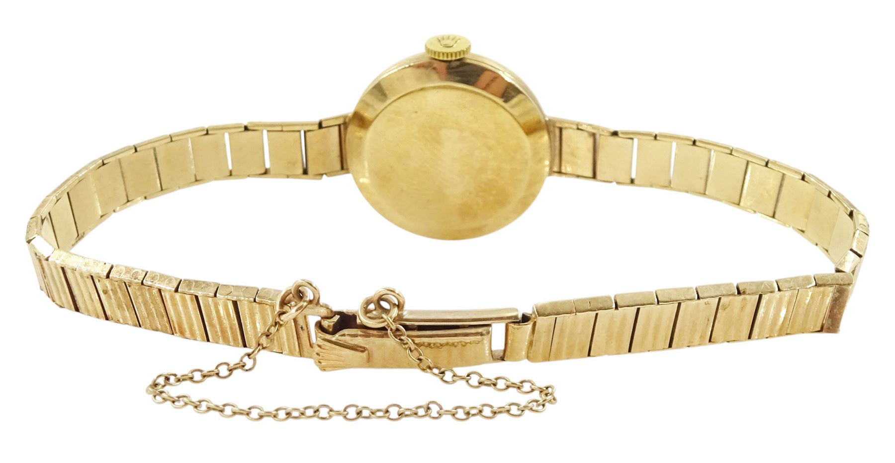 Tudor ladies 9ct gold manual wind wristwatch, silvered dial with baton hour markers, on integral 9ct gold bracelet, Birmingham 1964, boxed
