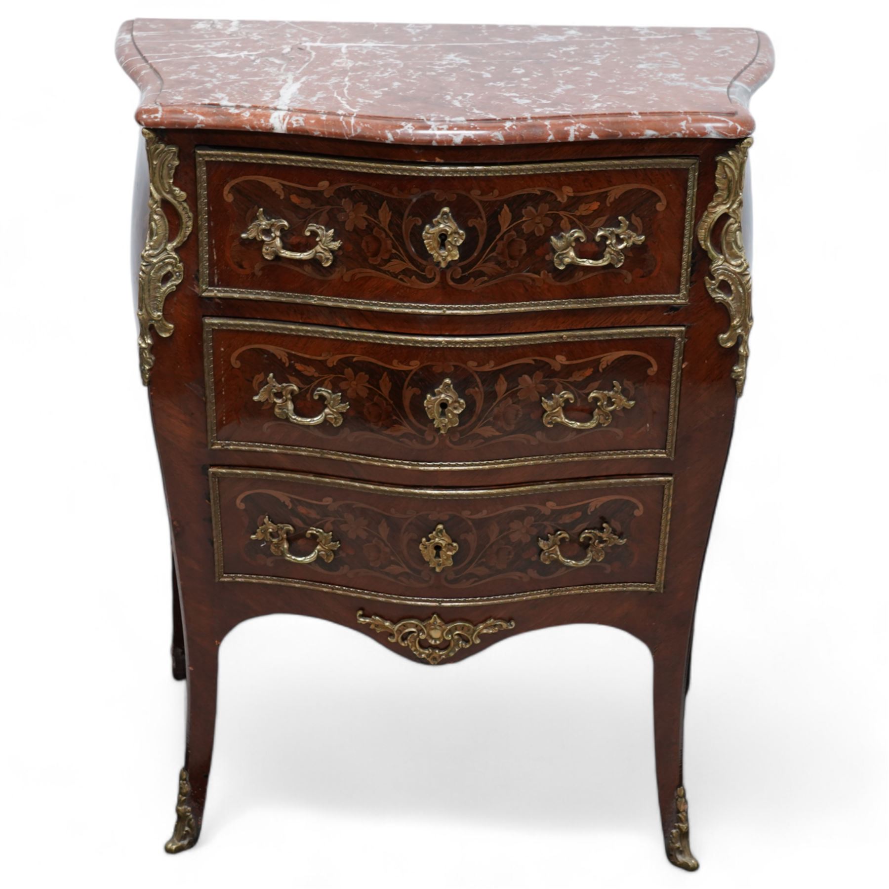 Early 20th century French walnut and rosewood marquetry bombe chest, shaped marble top over three drawers, each with gilt-metal cock-beading and handles, inlaid with overall floral decoration, flanked by gilt metal scrolling cartouche mounts and matching apron, on splayed supports
