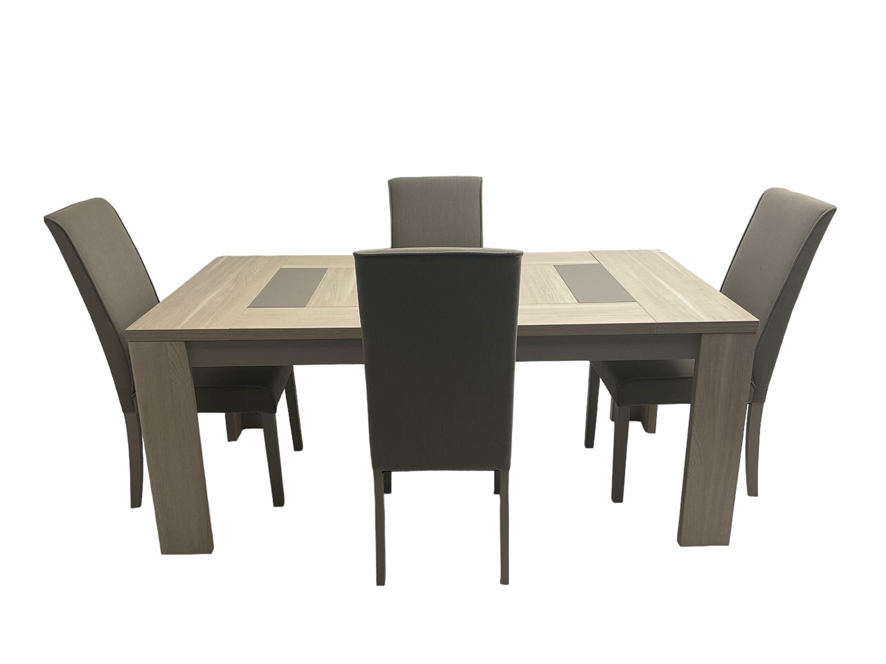 Wayfair Veasley - washed oak finish rectangular dining table, and set four high back dining chairs upholstered in grey fabric