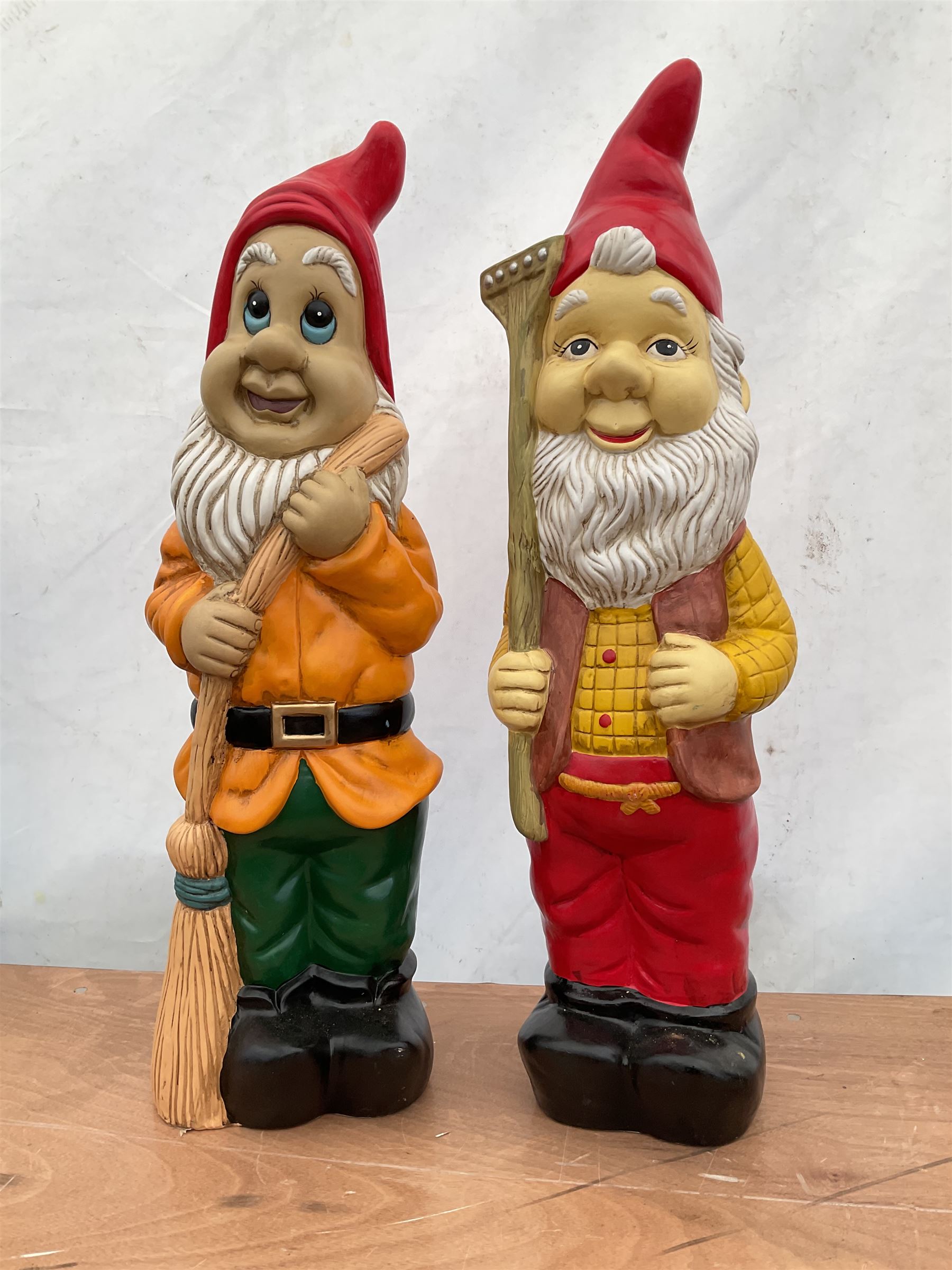 Pair of large indoor or outdoor painted garden gnomes  - THIS LOT IS TO BE COLLECTED BY APPOINTMENT FROM DUGGLEBY STORAGE, GREAT HILL, EASTFIELD, SCARBOROUGH, YO11 3TX