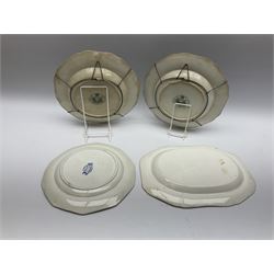 A pair of John Ridgway soup bowls, transfer printed in green with the Giraffe pattern, together with a group of other 19th century blue transfer printed wares, including a pair of Walmer pattern dinner plates. 