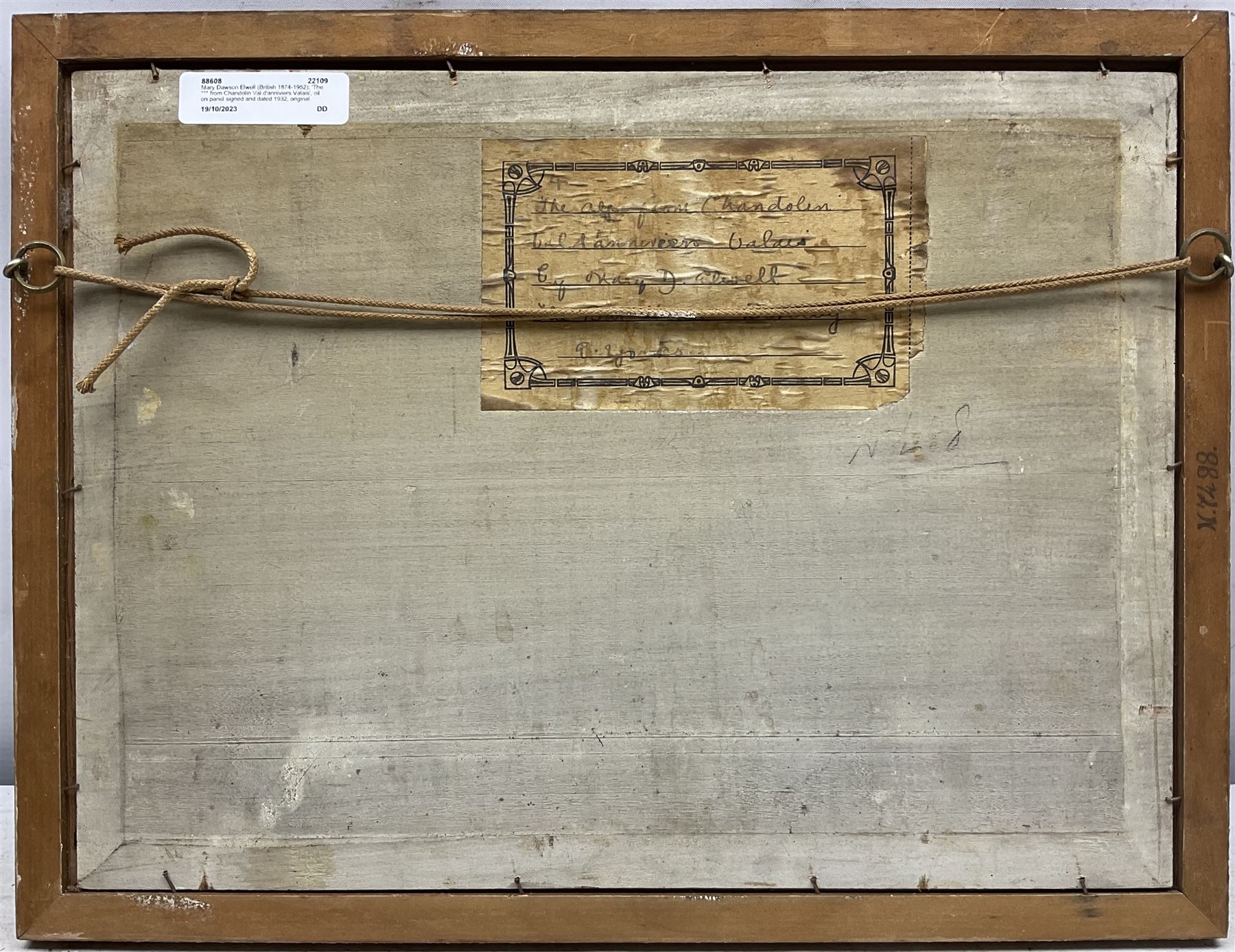 Mary Dawson Elwell (British 1874-1952): 'The *** from Chandolin Val d'anniviers Valais', oil on panel signed and dated 1932, original title label with artist's address verso 26cm x 35cm