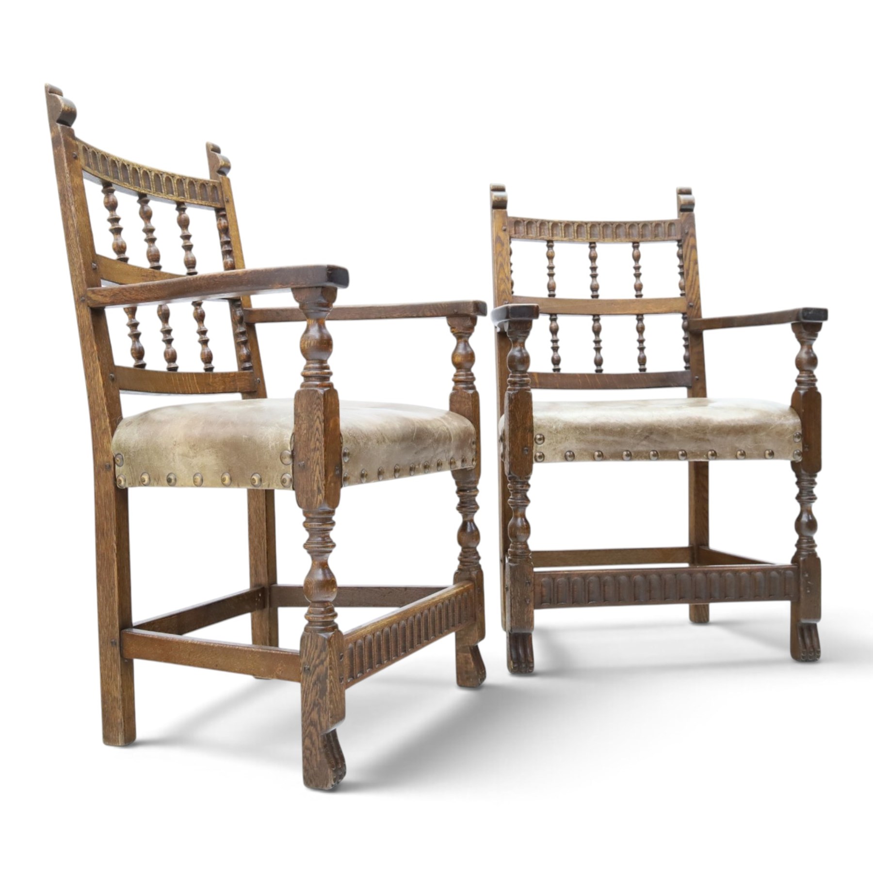 Rupert Griffiths for Monastic Woodcraft - oak 6ft refectory dining table with set six (4+2) matching chairs, rectangular top with arcaded frieze, with trestle base with further arcaded carved stretchers, chairs with carved rails and finials, leather wrapped seats with stud detail, turned supports united by carved stretcher