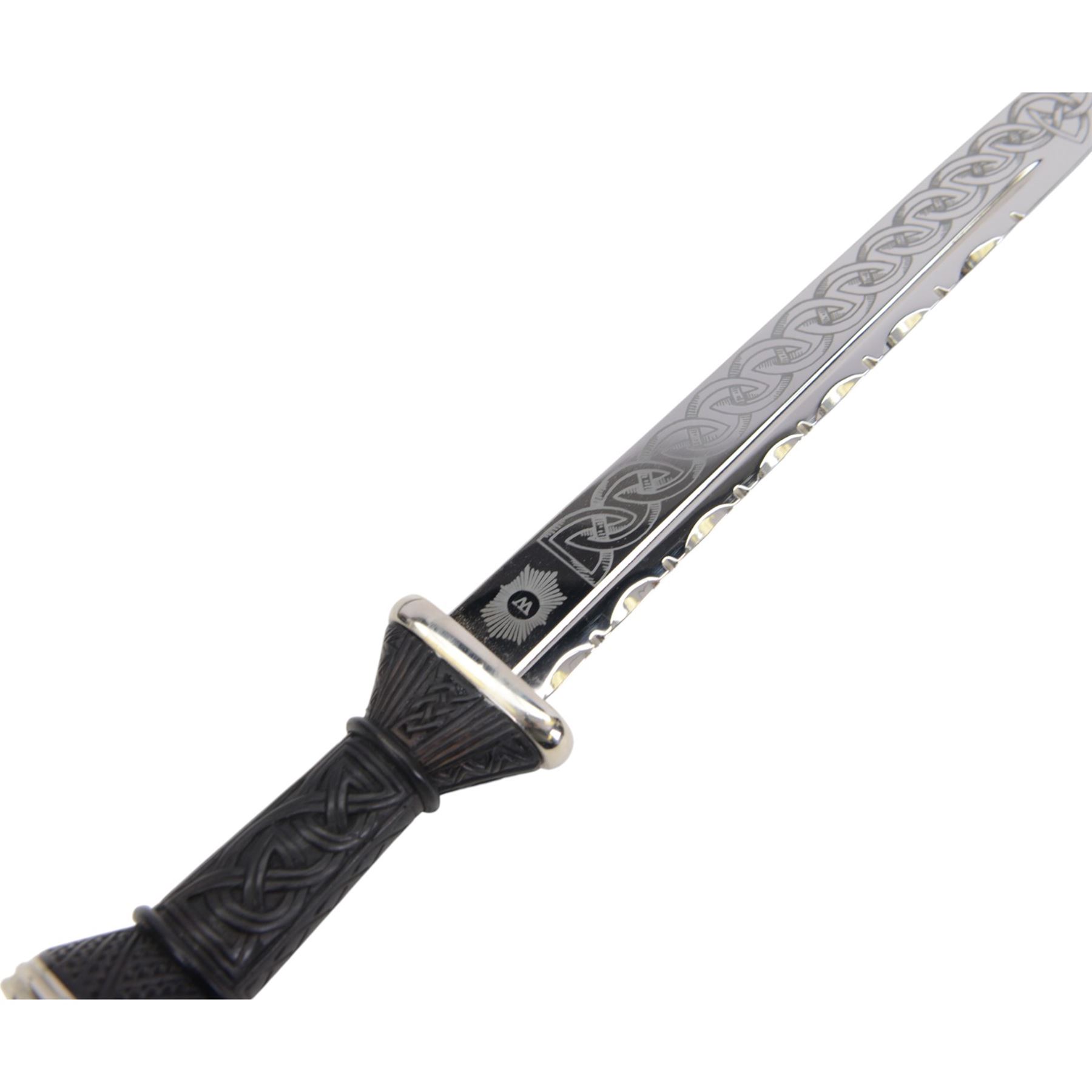 20th century Scottish Dirk, with Wilkinson Sword blade, with 29cm single edged etched blade, the leather sheath with white metal mounts in presentation box, overall L48cm 