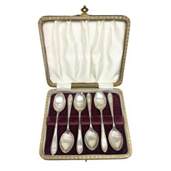 Cased set of six mid 20th century silver coffee spoons, hallmarked Sheffield 1954 and 1956, approximate silver weight 79.6 grams