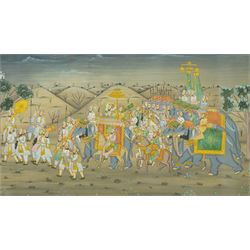 Jaipur School (20th century): Royal Procession with Elephants and Nobles, gouache painting...