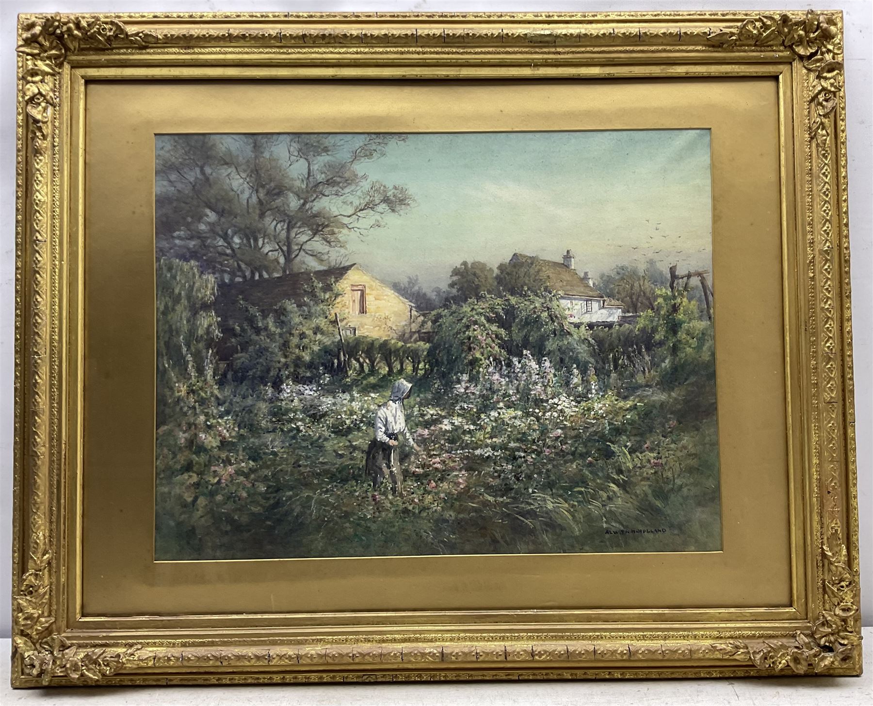 Alwyn Henry Holland (British 1861-1935): Young Woman in a Cottage Garden, watercolour heightened in white signed 47cm x 62cm 
Notes: Holland born in Sheffield, son of a Grocer, managed the family business and was a member and secretary of the Sheffield Society of Artists.