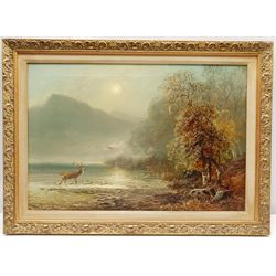 After Clarence Henry Roe (British 1850-1909): Stag at a Highland Lake, oil on canvas bears signature 40cm x 59cm