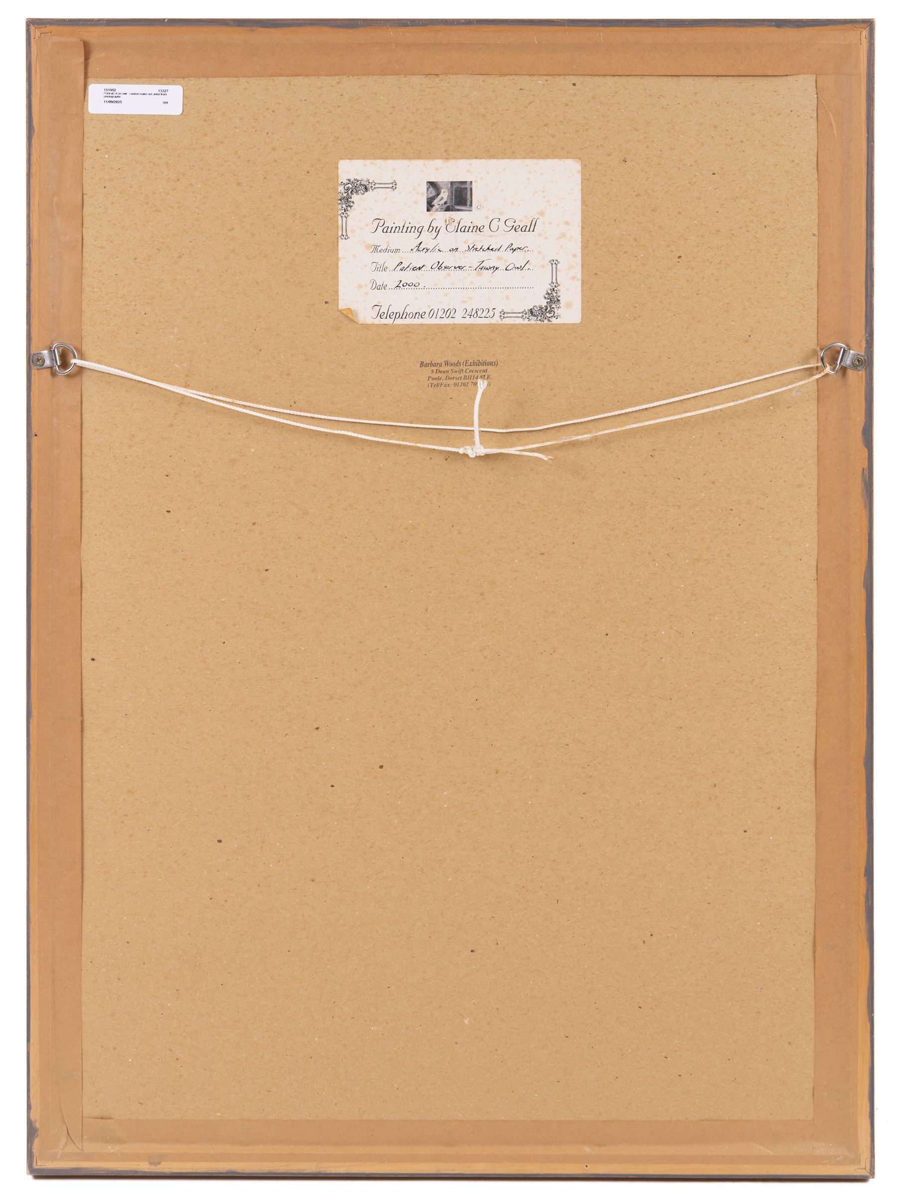 Elaine C Geall (British 1976-): 'African Leopard' and 'Patient Observer - Tawny Owl', acrylic on paper signed, titled verso 29cm x 48cm and 53cm x 35cm (2)